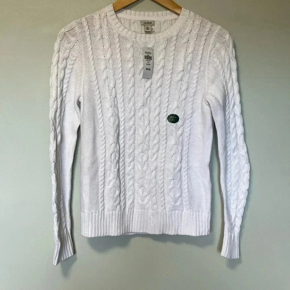 NWT  L.L. Bean white cotton cable knit sweater - Picture 1 of 5